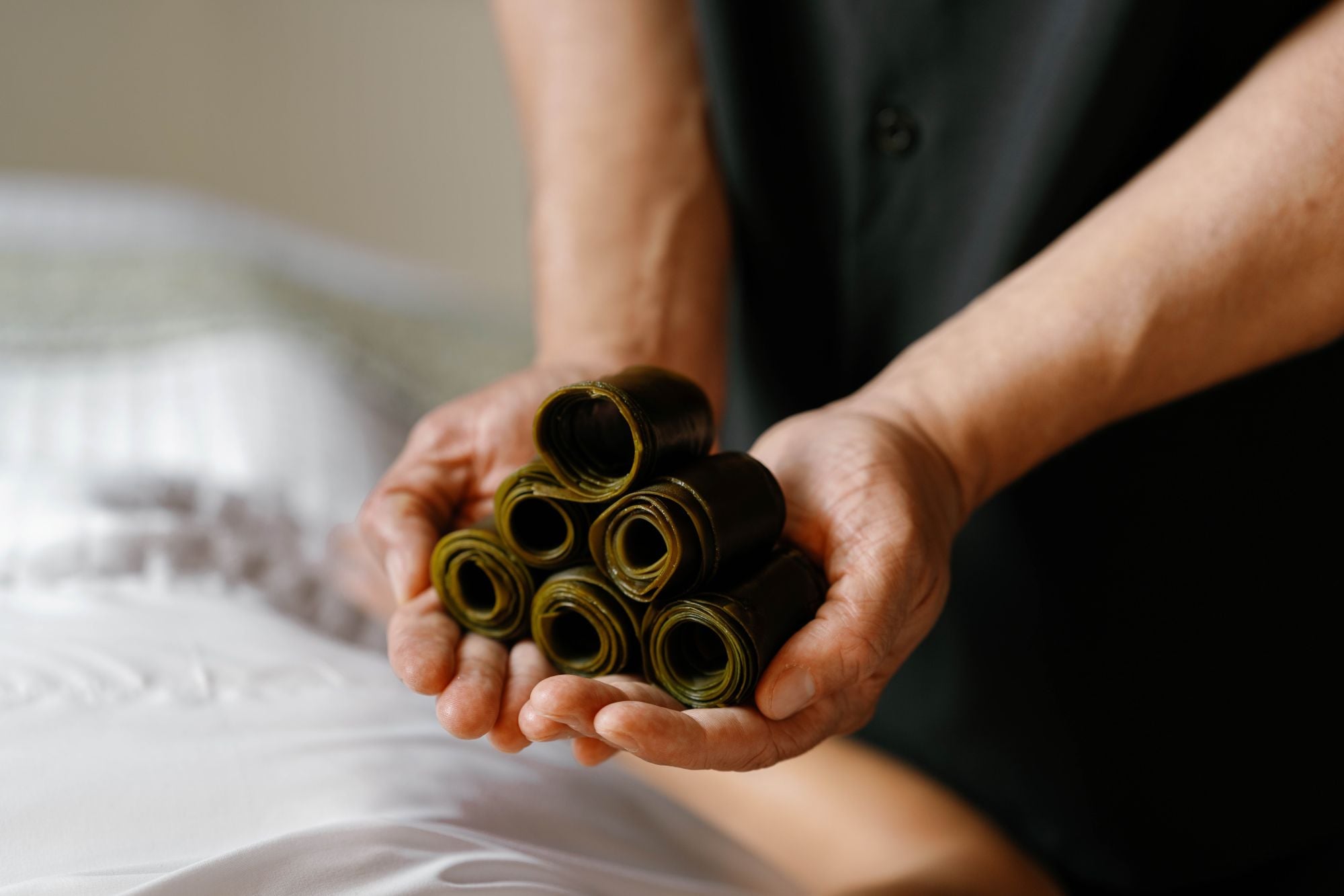 Hands holding rolled up seaweed
